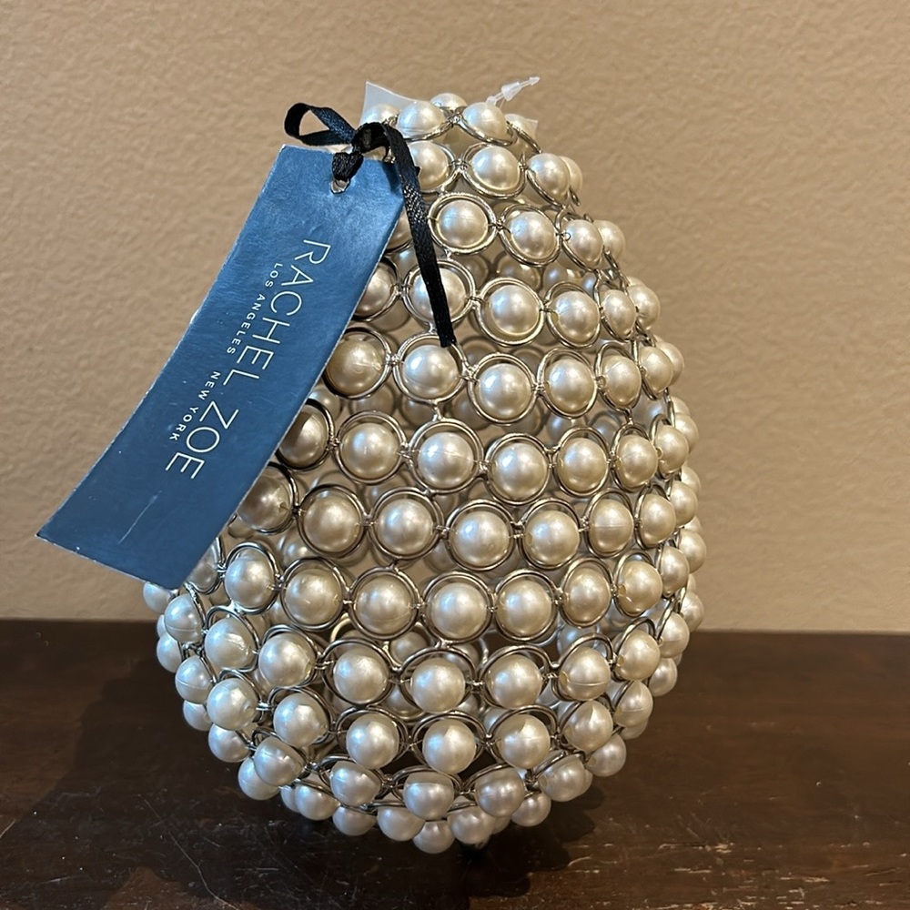 Rachel Zoe Pearl Egg | Silver Metal | Easter Spring | Beaded Egg Shape Decor 8”